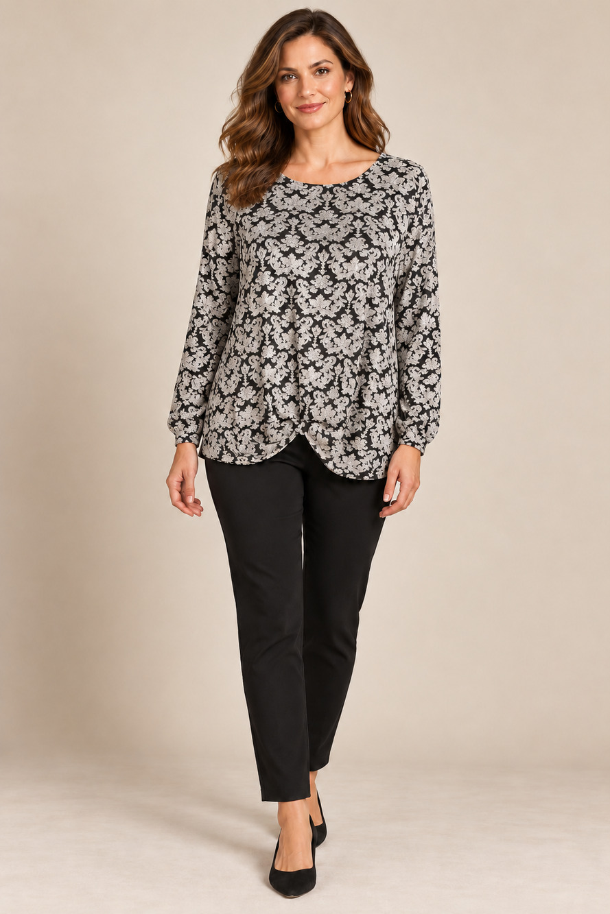 Ruby Rd. Black & Gray Damask Crossover Hem Long Sleeve Top Size L